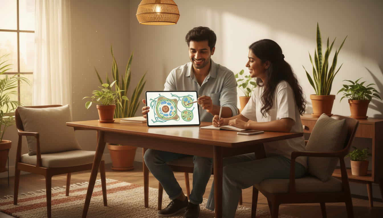 Photo Idea : A tutor explaining a labeled biology diagram to a student with a tablet