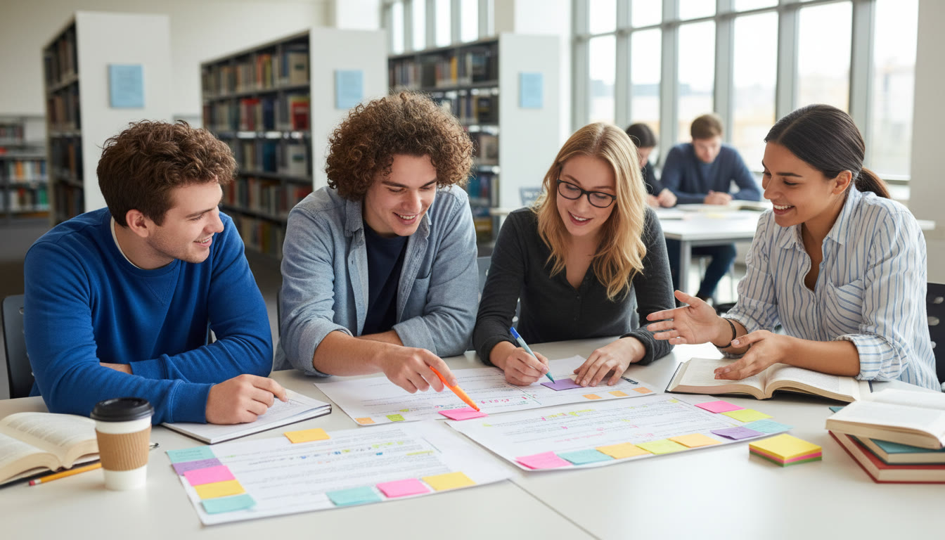 Photo Idea : Small group of students discussing a case study printed on paper with highlight markers and sticky notes