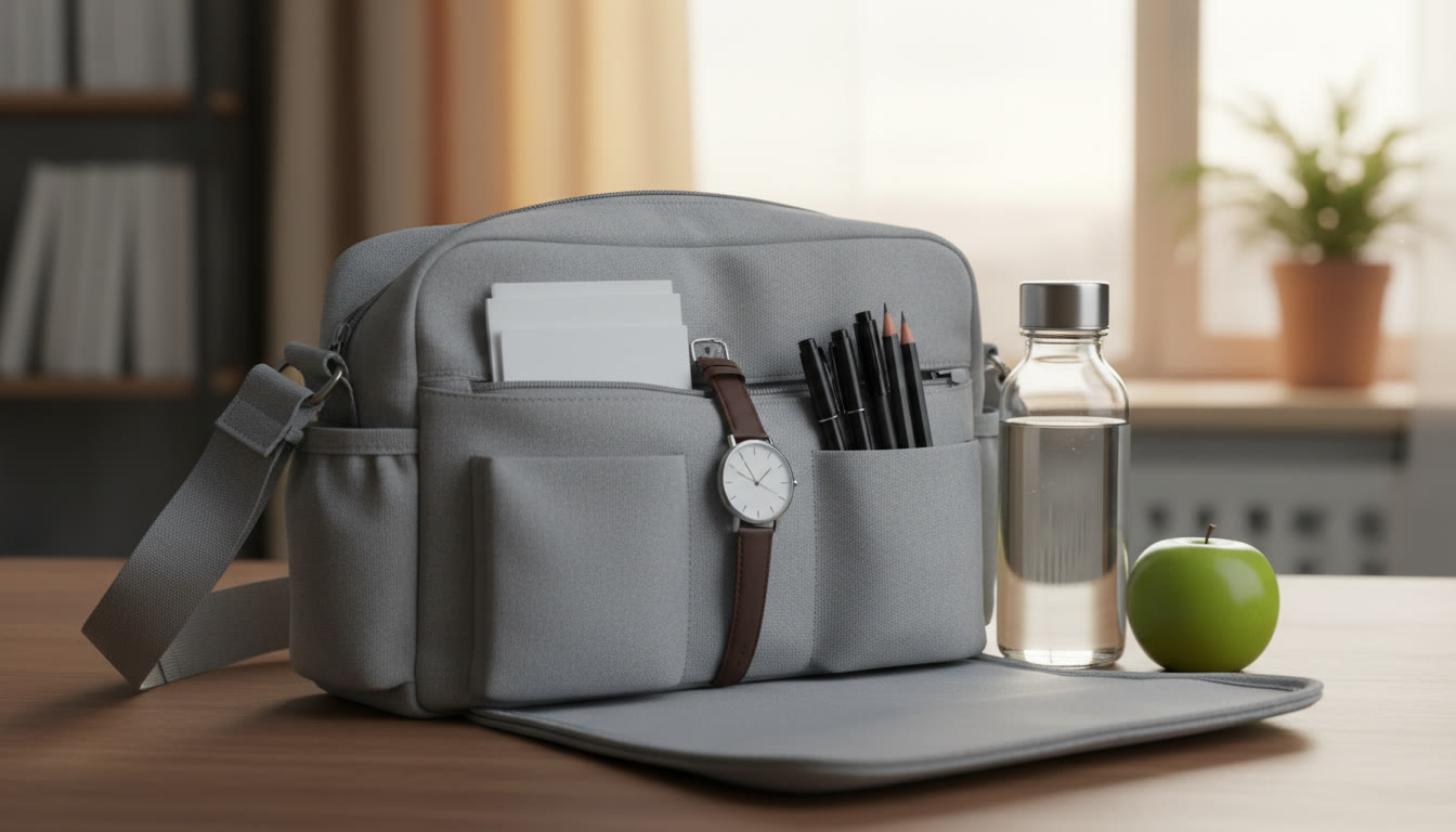 Photo Idea : Minimal morning layout: exam ticket, pens, watch, and a water bottle neatly arranged in a bag