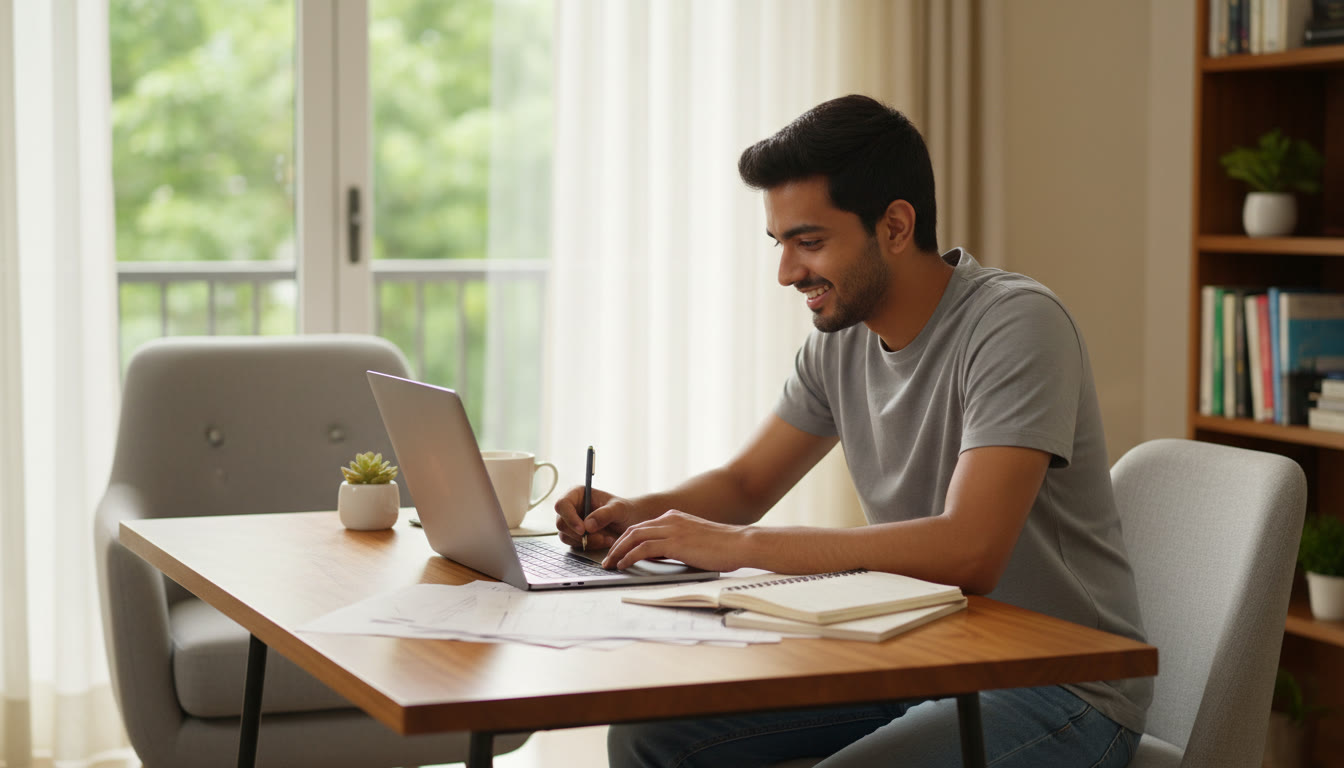 Photo Idea : A student coding intently during an internship with a laptop and notes around
