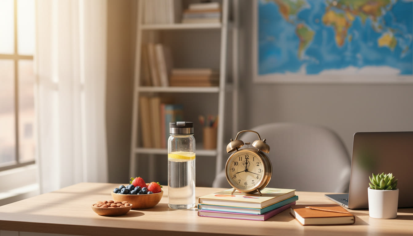 Photo Idea : a tidy study desk with a water bottle, healthy snacks, and an analog alarm clock