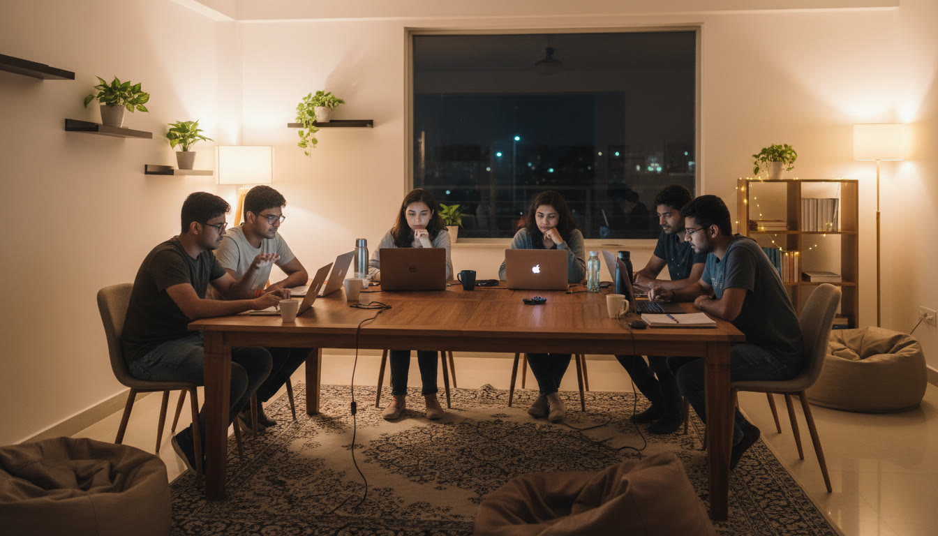 Photo Idea : A late-night coding session in a hostel common room with students collaborating around laptops