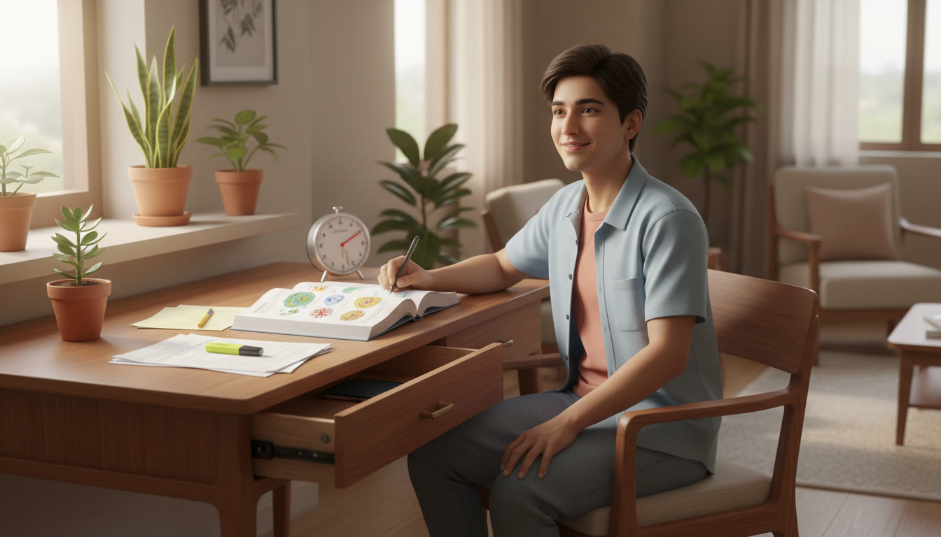 Photo Idea : Student at a study desk, phone face down in a drawer, open biology book, analog timer ticking