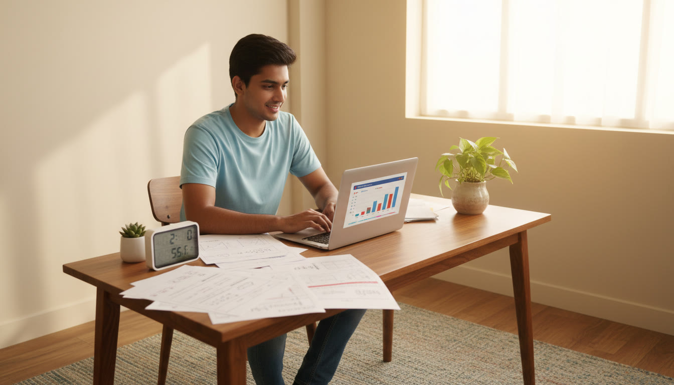Photo Idea : A focused student at a desk with a timer, printouts of past papers, and a laptop showing a mock test screen.