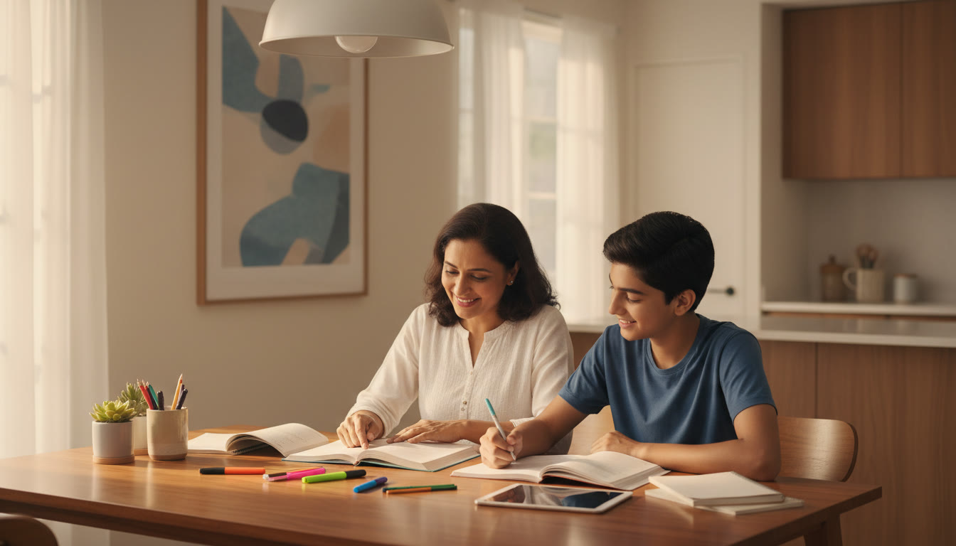 Photo Idea : parent and teen studying together at a calm kitchen table with warm light and neatly spread notes