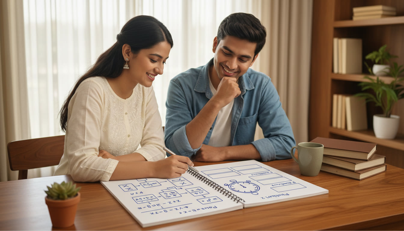 Photo Idea : A tutor and student discussing a notebook showing a board-style answer and a timed problem set side by side