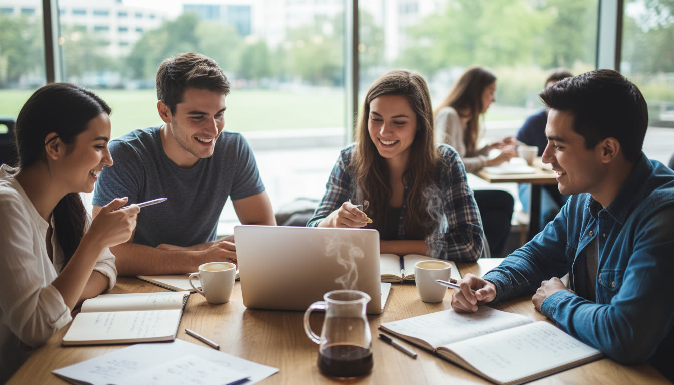 Photo Idea : A small group of students brainstorming around a laptop with coffee and notebooks on a table