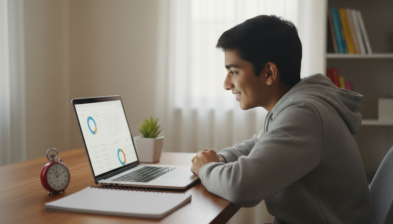 Photo Idea : Student focused on a laptop screen taking a timed online mock test with a notebook and stopwatch nearby