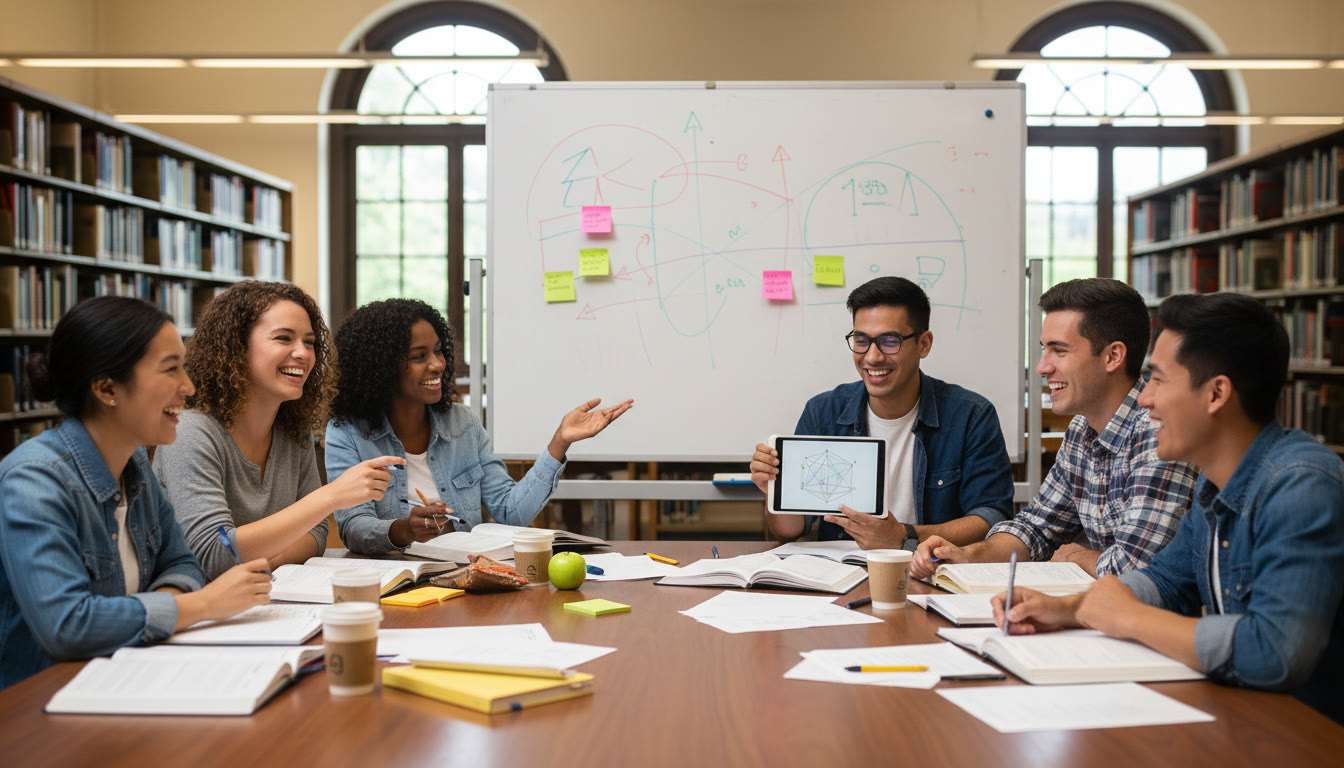 Photo Idea : Group of IB students reviewing notes together around a library table with a whiteboard and sticky notes