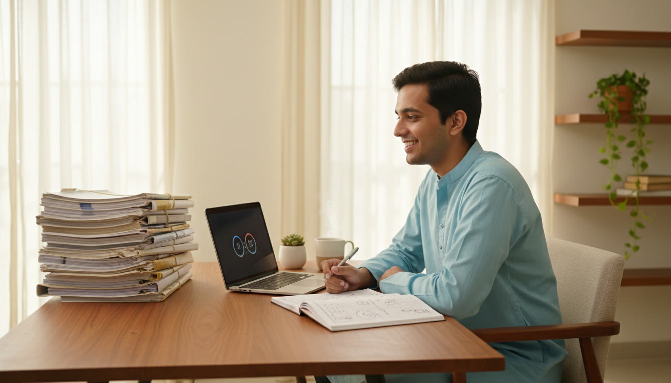 Photo Idea : Student at a desk with a stack of solved previous‑year papers, a laptop on a timer and a neat error log notebook