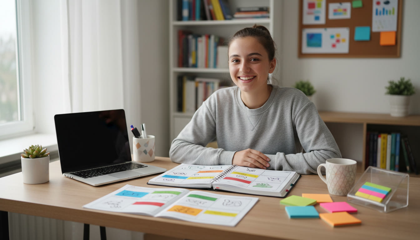 Photo Idea : Student at a tidy desk with a color-coded planner, laptop, and sticky notes