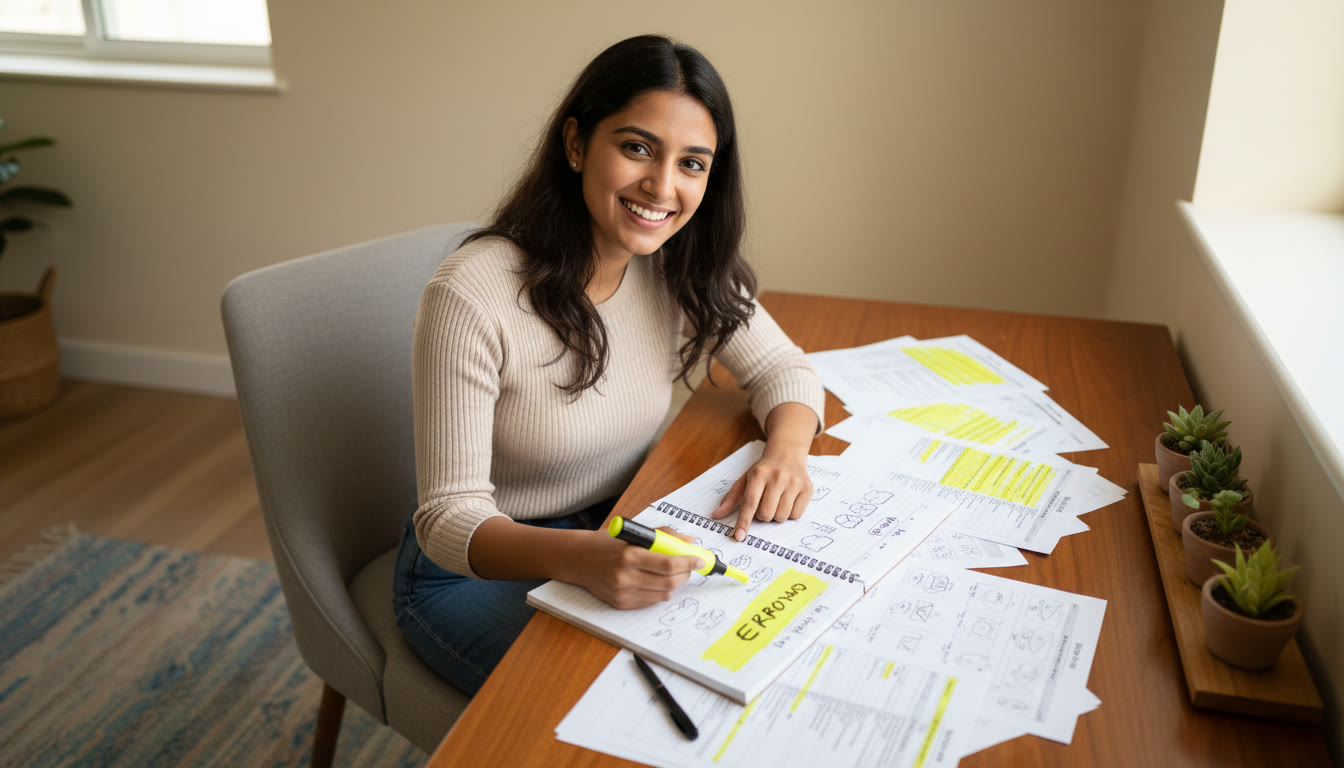 Photo Idea : A student analyzing mock test printouts with a highlighter, notebook open to an error log