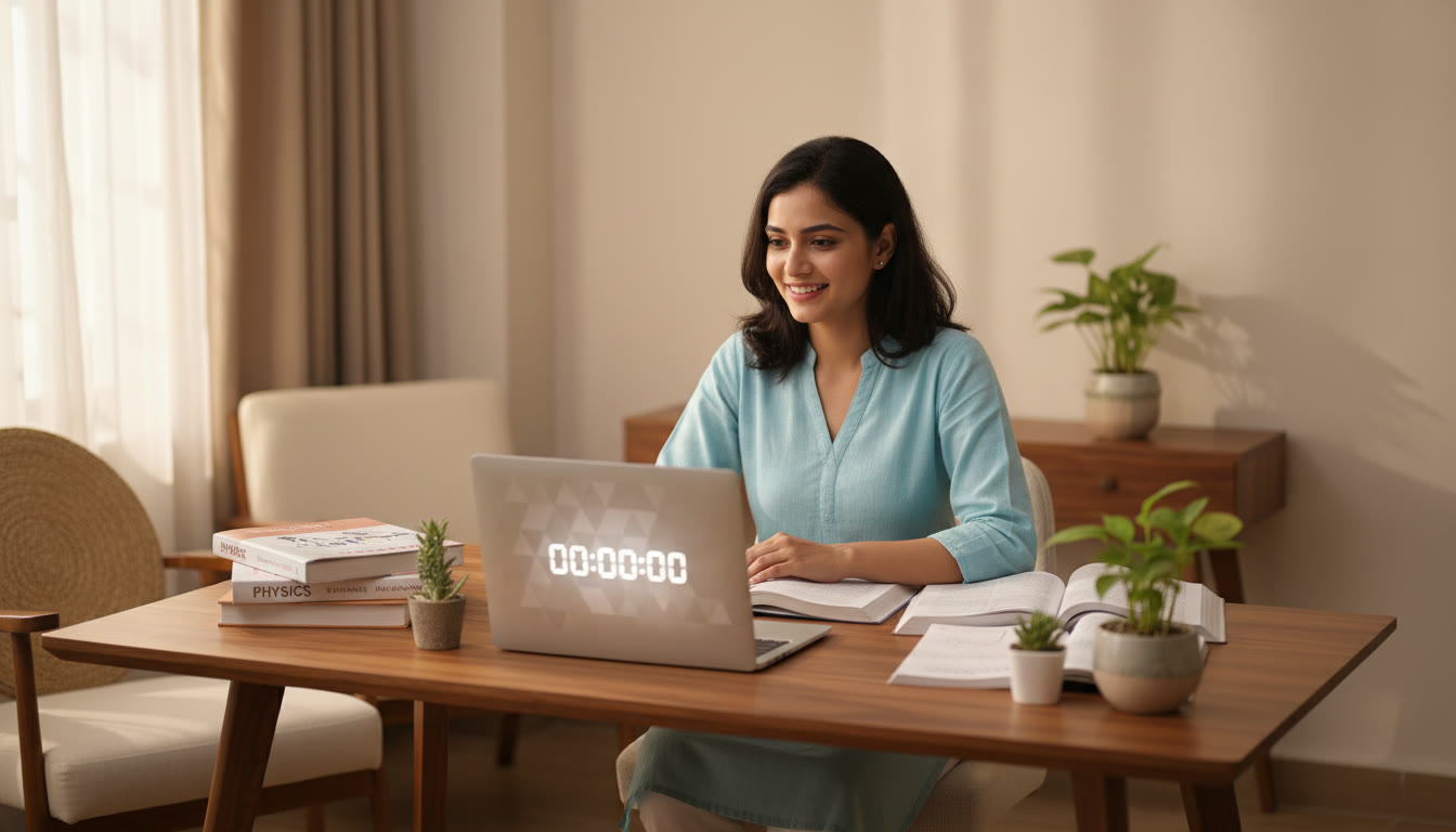 Photo Idea : A focused student at a desk with open Physics, Chemistry, and Mathematics books and a digital timer on a laptop screen.