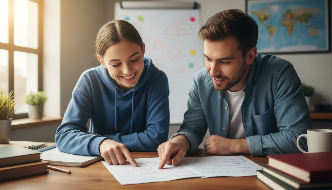 Photo Idea : A student and tutor working over an exam paper together, pointing at a marked solution