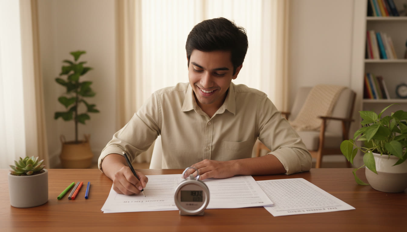 Photo Idea : A student practicing with a printed mock test and a stopwatch, an OMR sheet beside them