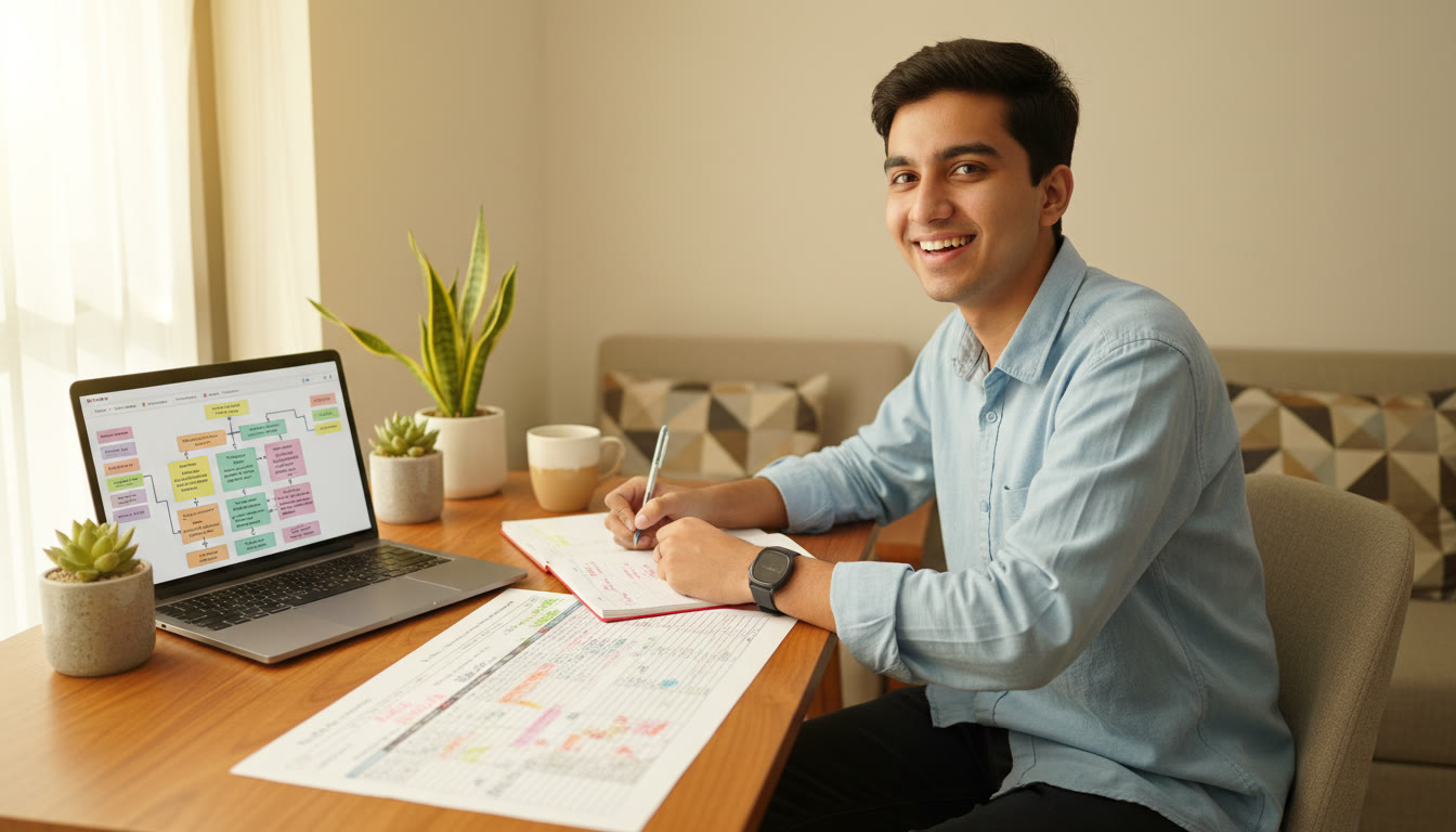 Photo Idea : Student sitting at a desk, studying a printed rank list and making notes with a laptop open to counseling information