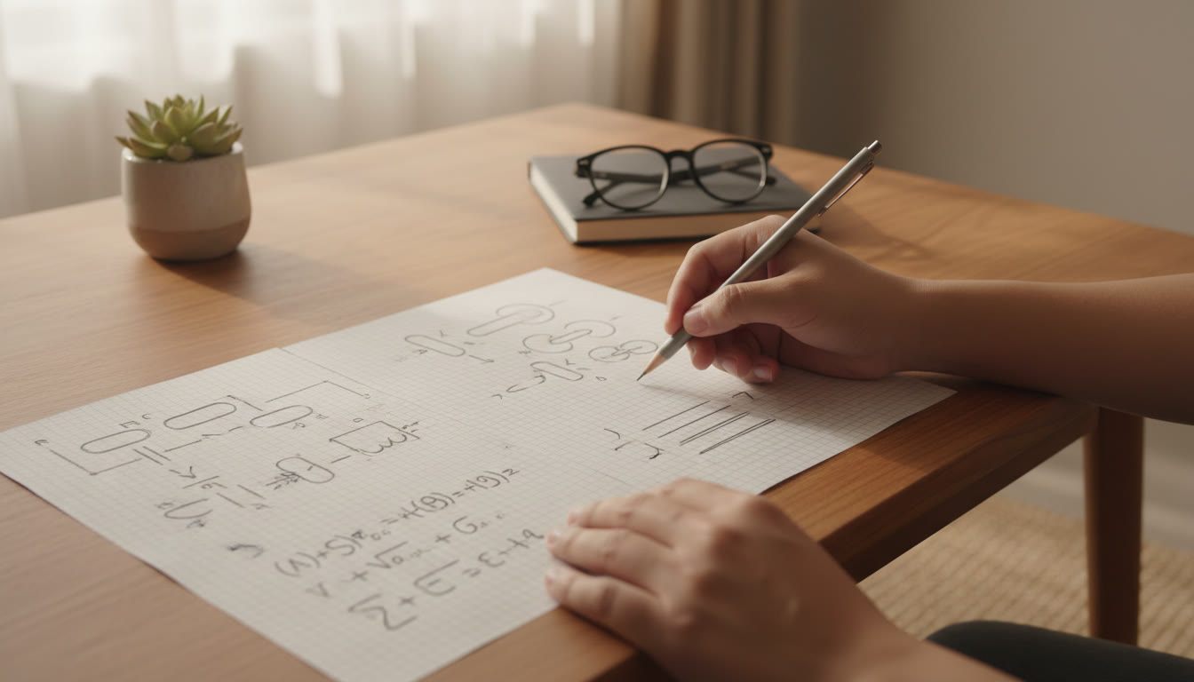 Photo Idea : Hands sketching a labeled physics circuit diagram beside neat stepwise calculations on graph paper.