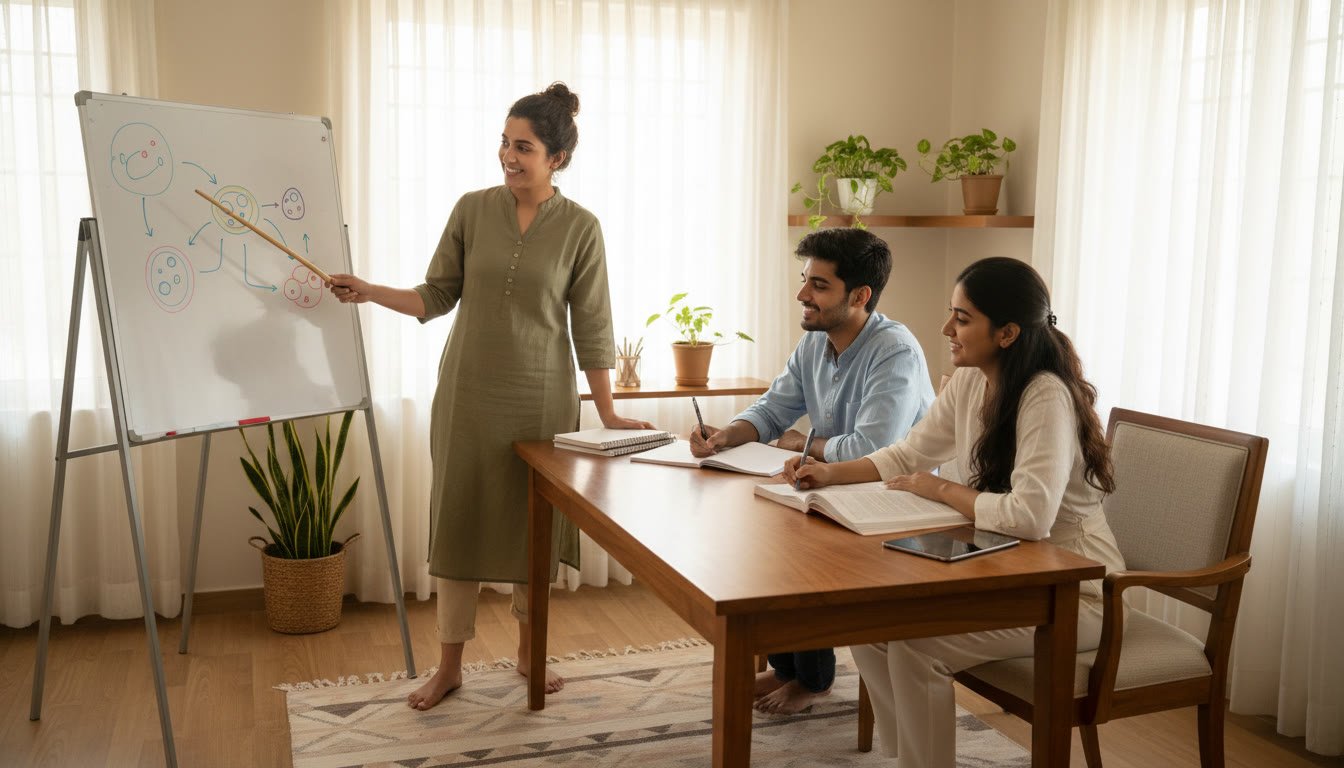 Photo Idea : A small group session where a tutor points at a diagram on a whiteboard while two students take notes
