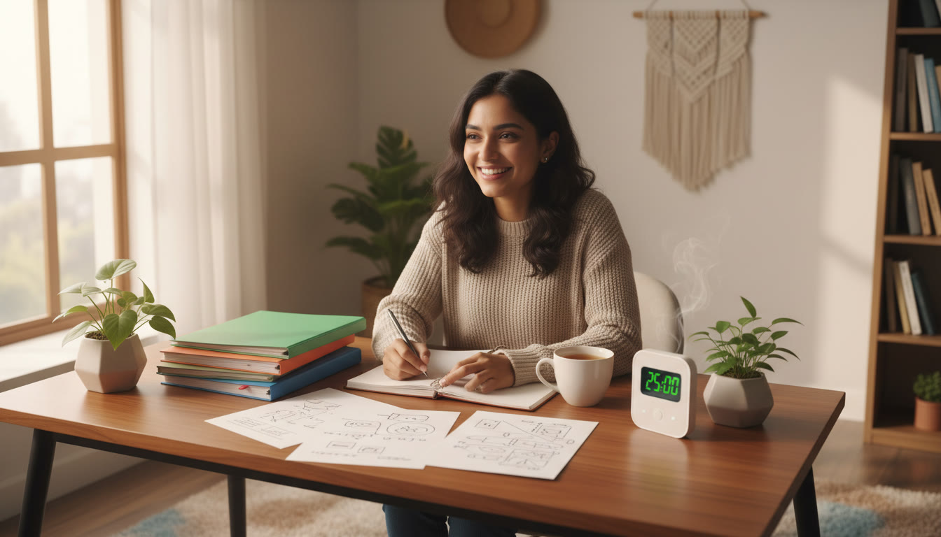 Photo Idea : Student at a desk with neatly arranged notes, a timer, and a cup of tea