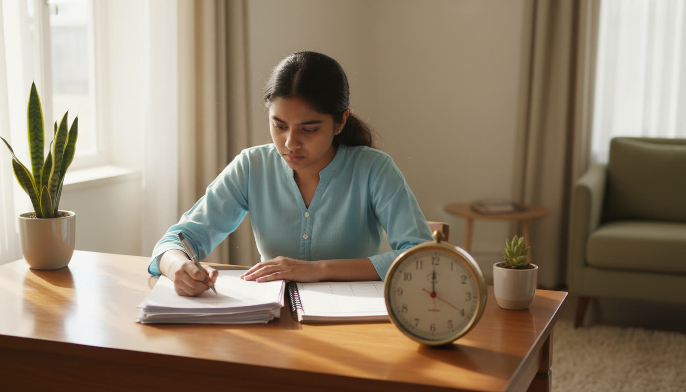 Photo Idea : Student focused on a full-length mock test at a desk with a visible analog timer and a neat score logbook