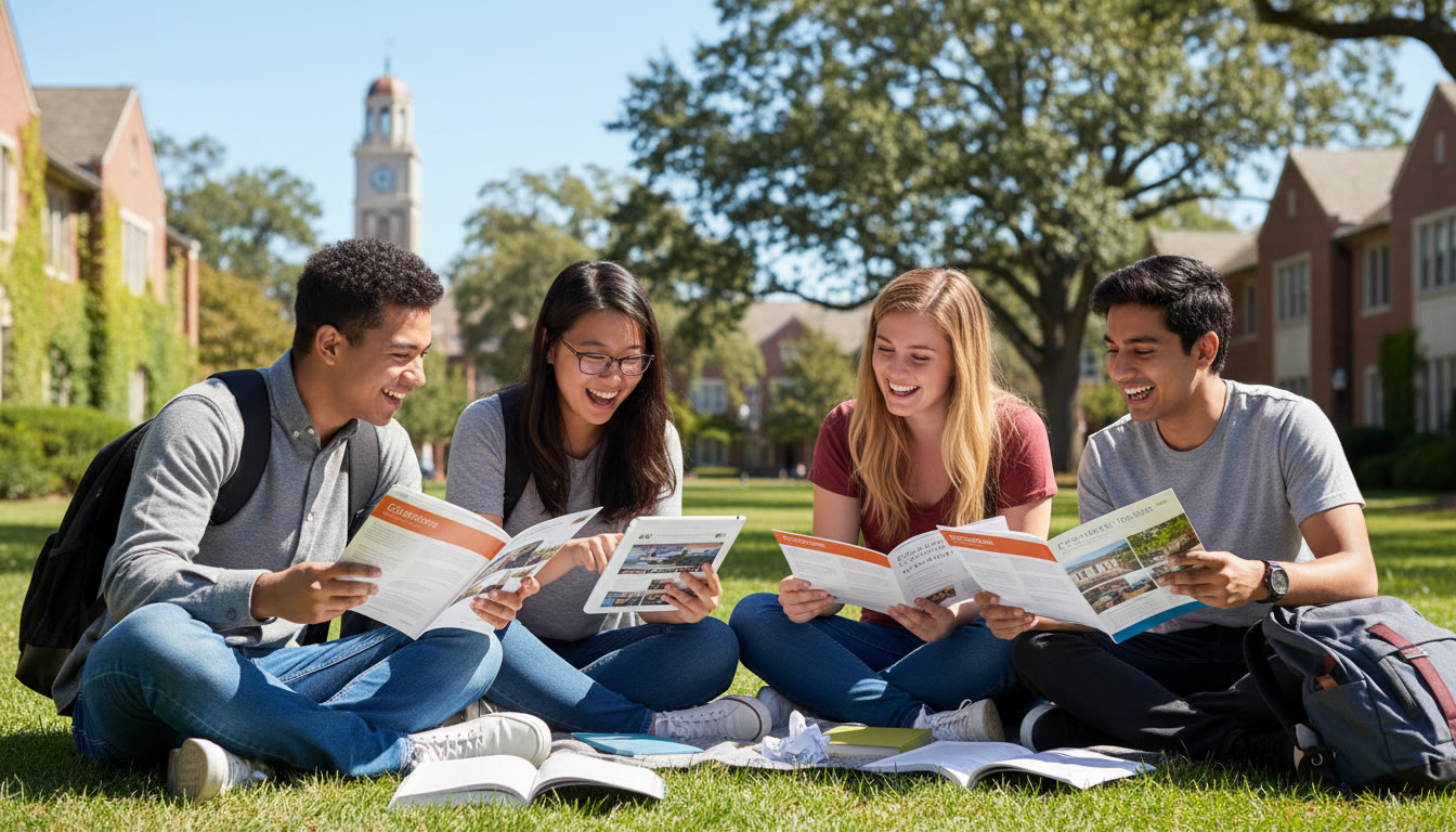 Photo Idea : A diverse group of IB students with backpacks comparing campus brochures and checking a laptop together