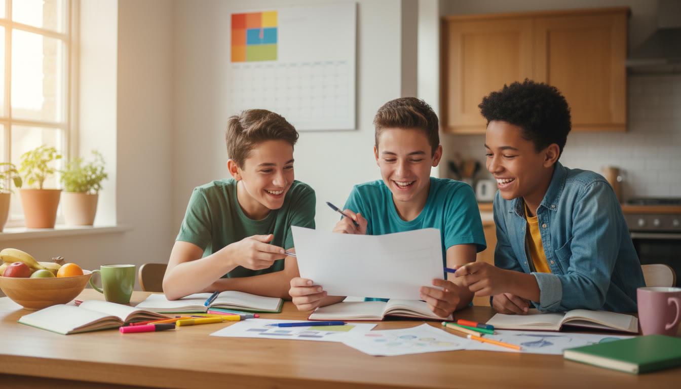 Photo Idea : A small group of students reviewing an activities list on paper at a kitchen table, surrounded by notebooks and a calendar