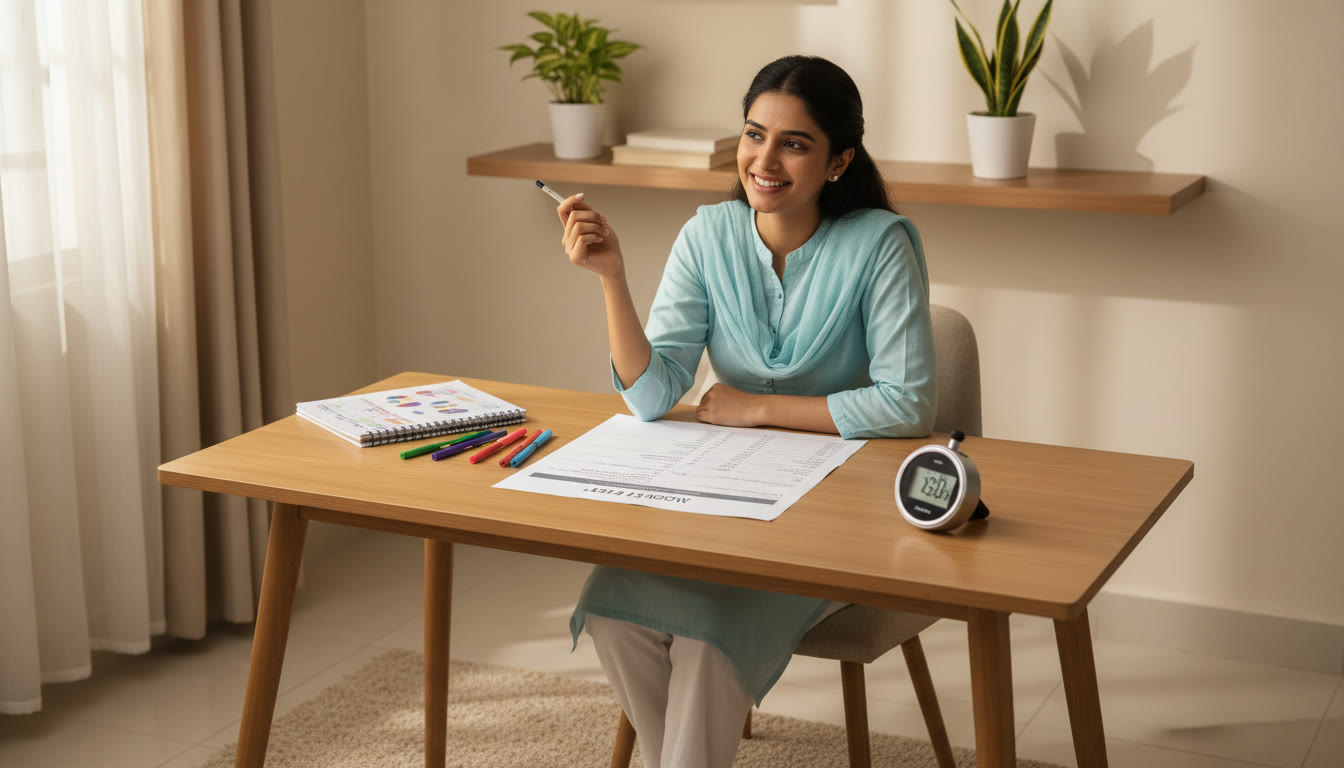 Photo Idea : Student practising full-length mock with a clear desk, stopwatch, and organized error notebook