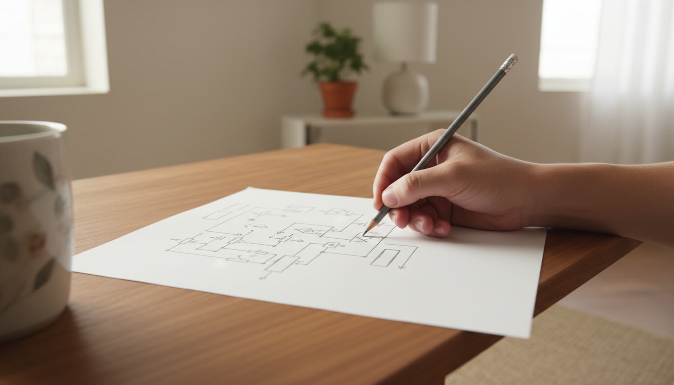 Photo Idea : close-up of a student’s hand sketching a circuit diagram and annotating steps on paper