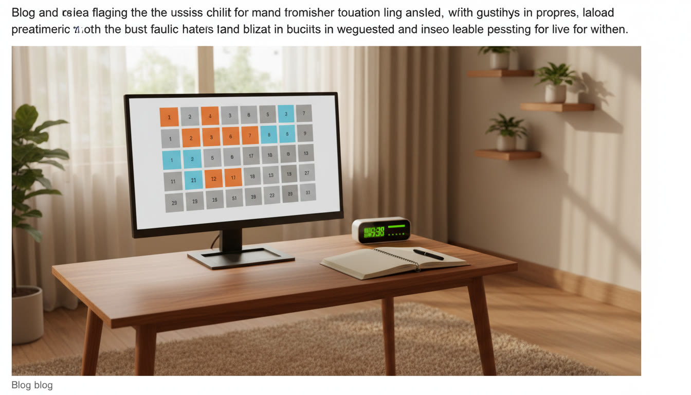 Photo Idea : Close-up of a computer screen showing a flagged question grid and a small desk timer beside a notebook
