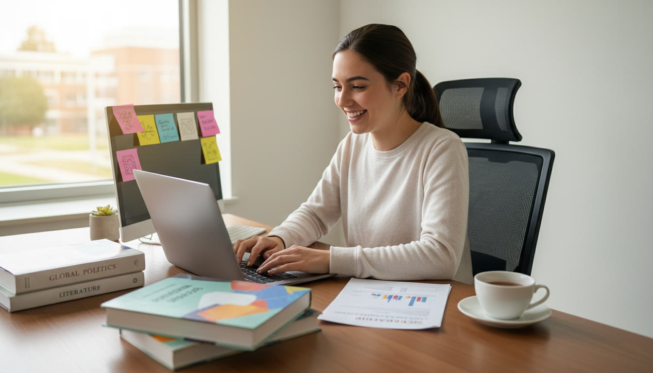 Photo Idea : Student at a tidy desk writing on a laptop with IB textbooks, sticky notes, and a scholarship form nearby