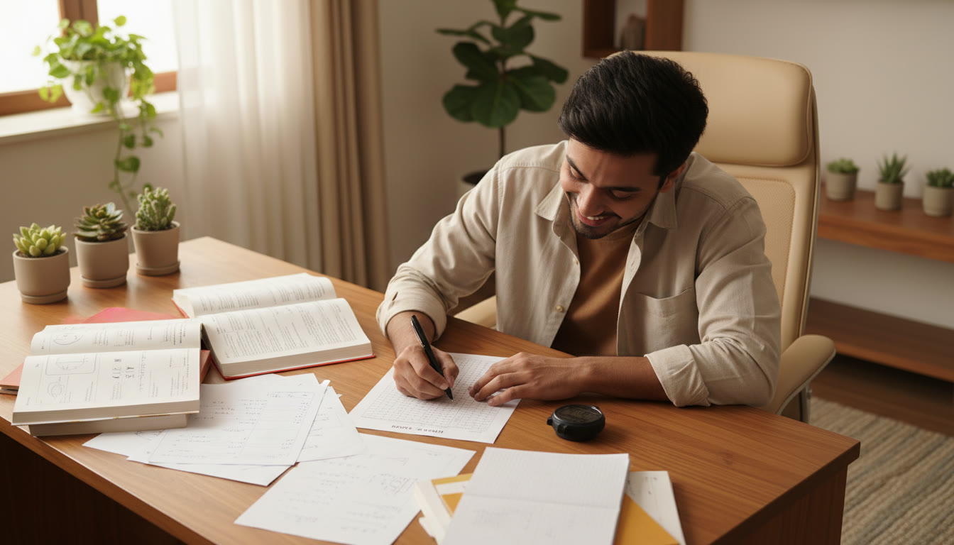 Photo Idea : A focused student filling an OMR sheet with a stopwatch and scattered NEET study notes