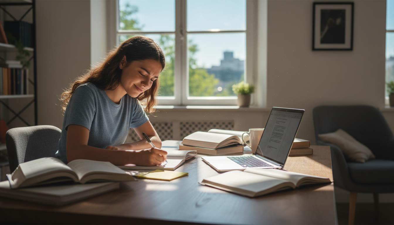 Photo Idea : A focused IB DP student writing an essay at a desk with textbooks and a laptop, sunlight streaming in