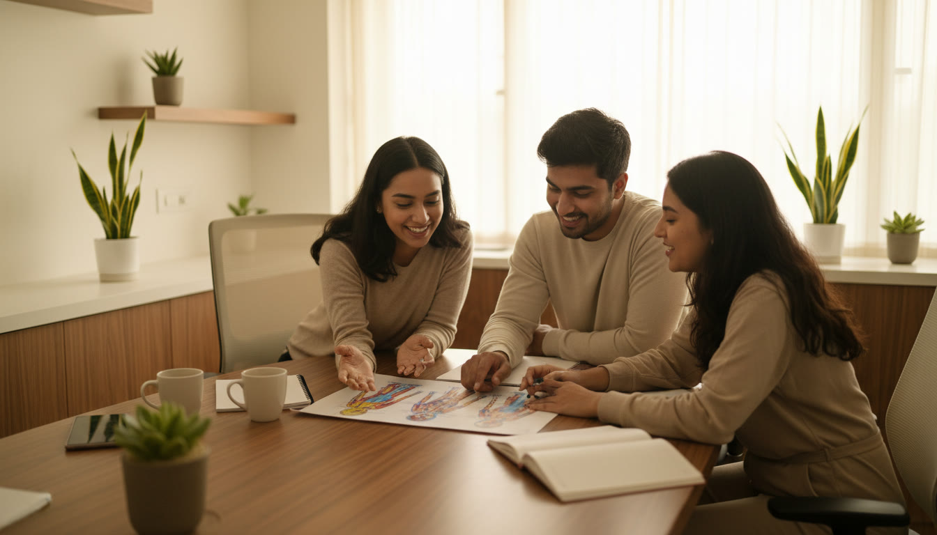 Photo Idea : Small group of medical students discussing a diagram in a well-lit study room