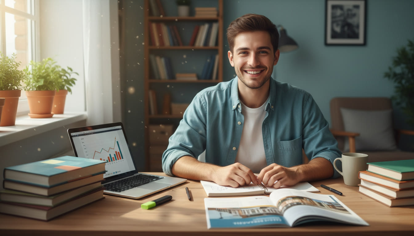 Photo Idea : A focused IB student at a desk with textbooks, a laptop, and a university brochure