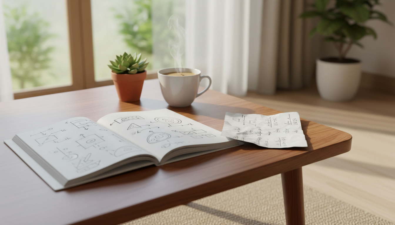 Photo Idea : A study table showing a notebook with diagrams, a problem sheet, and a cup of tea