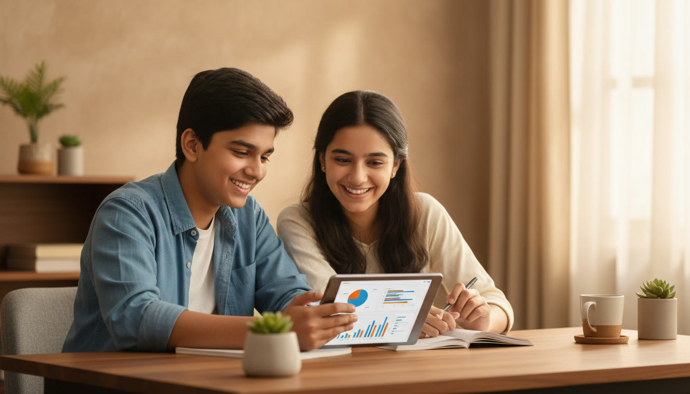 Photo Idea : Two students reviewing a mock test together with a tablet showing analytics