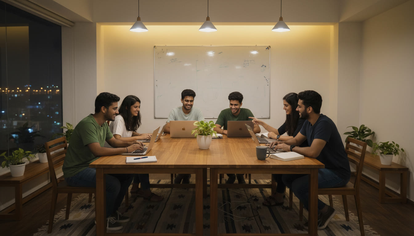 Photo Idea : A late-night coding session with students clustered around laptops and whiteboards