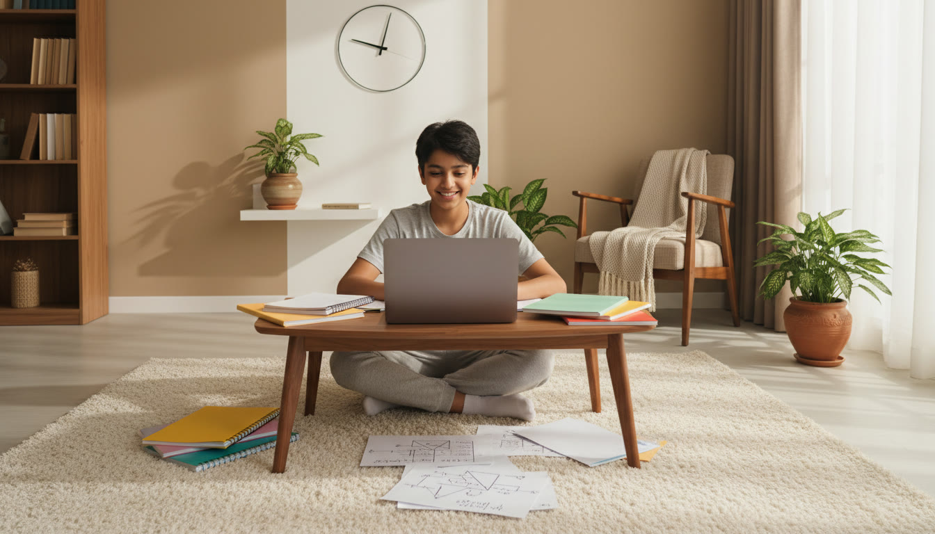 Photo Idea : a student reviewing answers on a laptop with notes and a clock showing time management