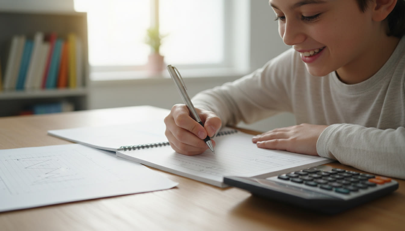 Photo Idea : Close-up of a student writing structured answers at a desk with a graph printout and a calculator nearby