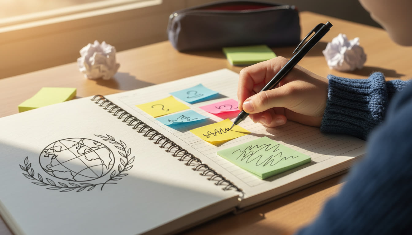 Photo Idea : Close-up of a student’s hand annotating a TOK notebook with sticky notes labeled 