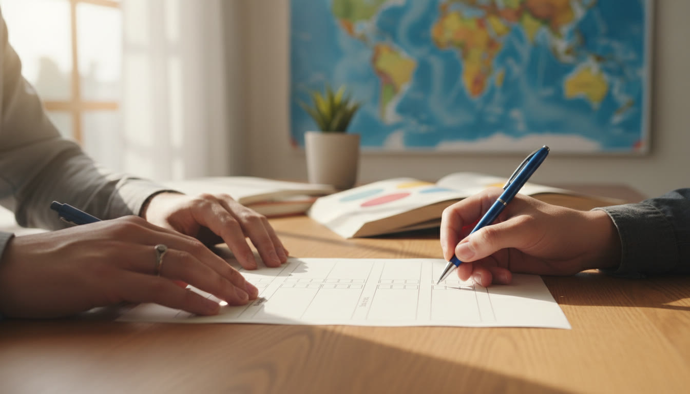 Photo Idea : Close-up of hands filling a short paper survey with columns labeled 