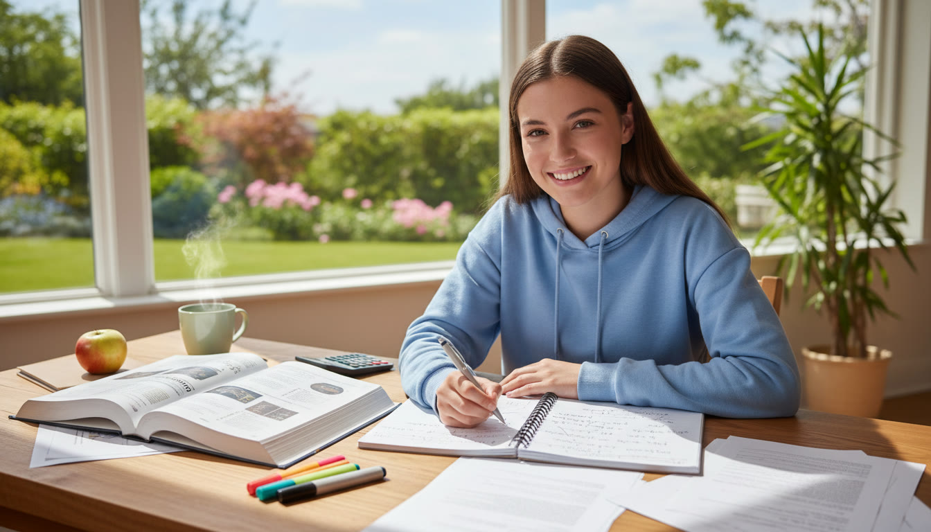 Photo Idea : Student solving kinematics problems at a desk with textbook and notebook