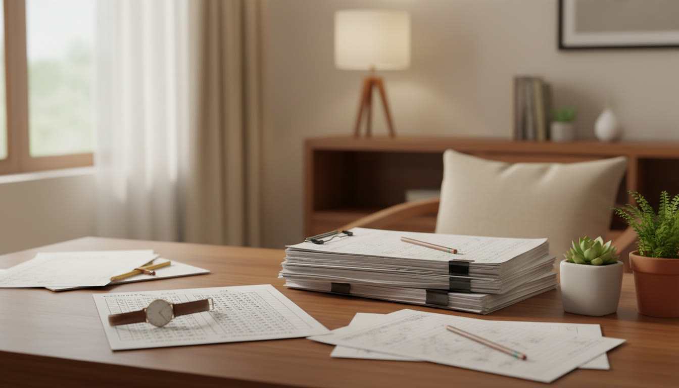Photo Idea : Examination hall desk with OMR sheet, watch, and a small pile of solved question papers