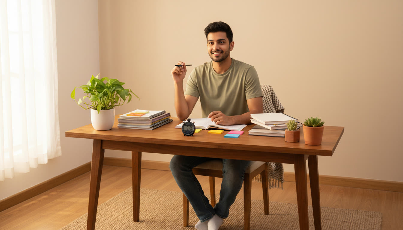 Photo Idea : Student at a desk simulating exam conditions with a stopwatch and organized notes