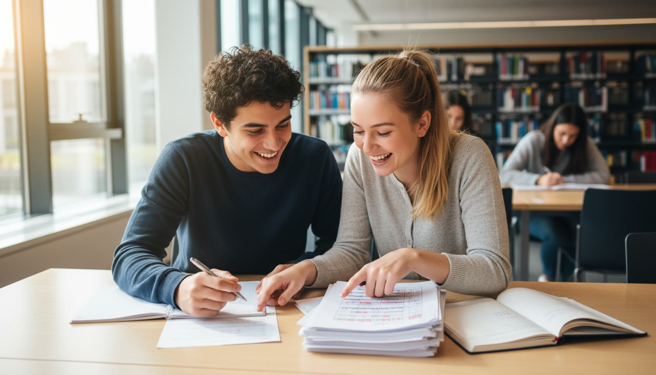Photo Idea : two students collaborating over marked past papers, one pointing at a rubric