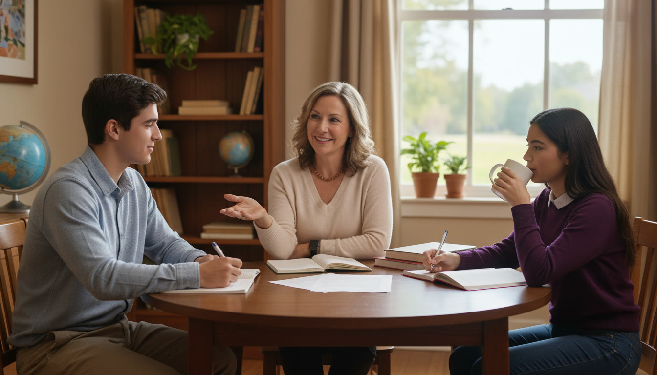 Photo Idea : a small group meeting with a school counselor in a cozy office, notetaking and calm expressions
