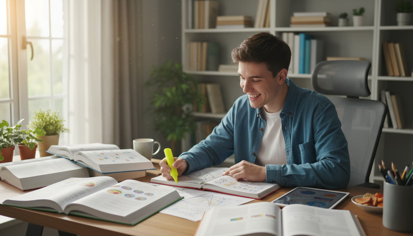 Photo Idea : A focused student in a study space with textbooks for biology, chemistry, and math open, highlighter in hand