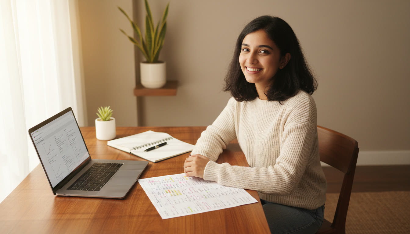 Photo Idea : Student at a desk with a neat formula sheet, a full-length mock on a laptop, and a notebook for error logging