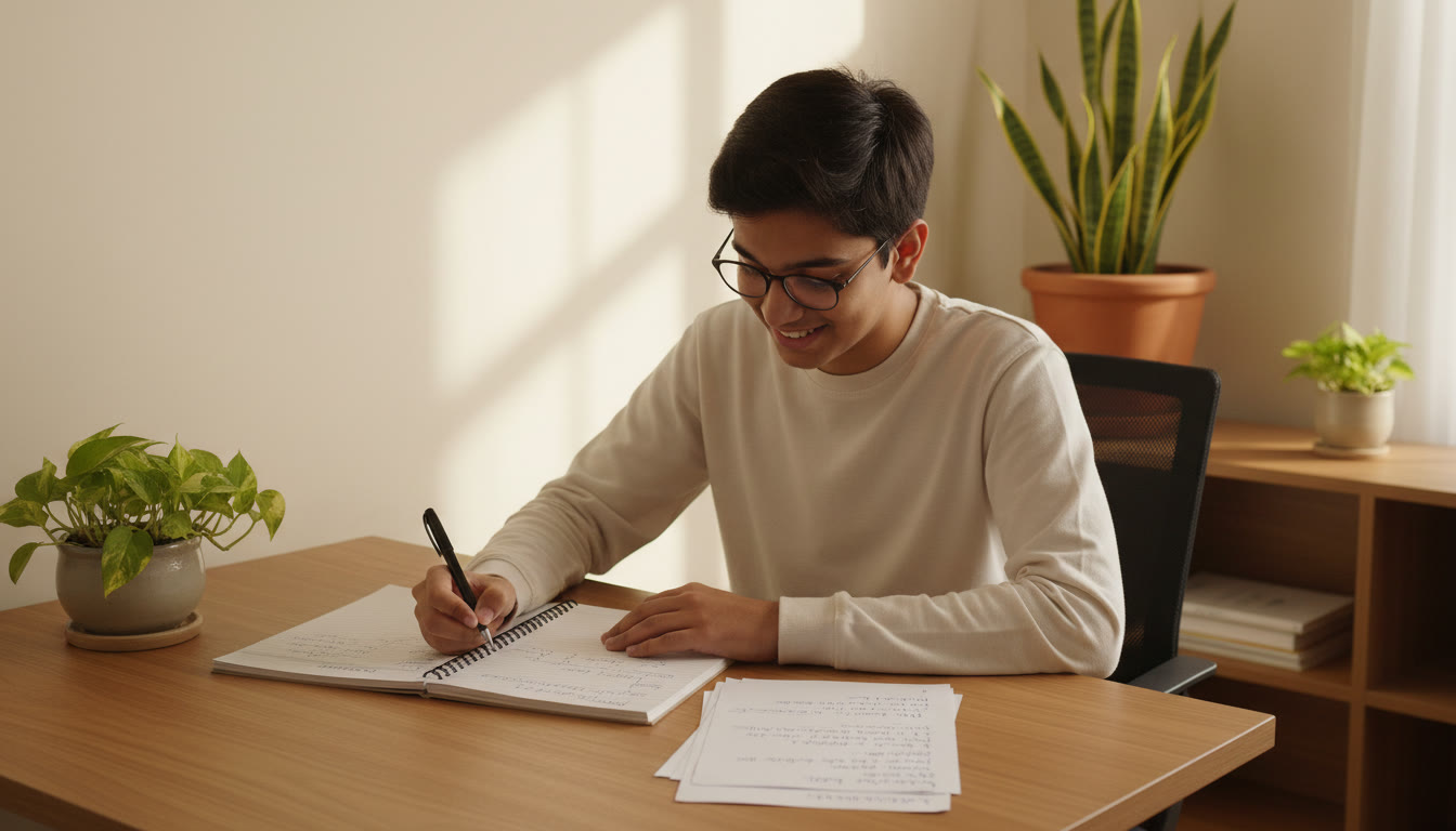 Photo Idea : A student reviewing an error log with a pen and a small stack of one-page topic sheets
