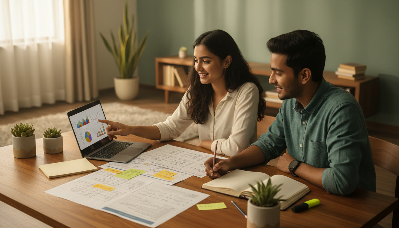 Photo Idea : Tutor and student reviewing a test paper together with notes and a laptop showing analytics